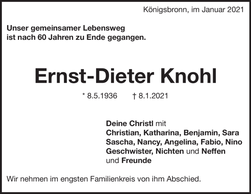  Traueranzeige für Ernst-Dieter Knohl vom 13.01.2021 aus Heidenheimer Zeitung