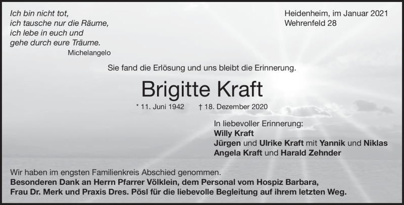  Traueranzeige für Brigitte Kraft vom 09.01.2021 aus Heidenheimer Zeitung