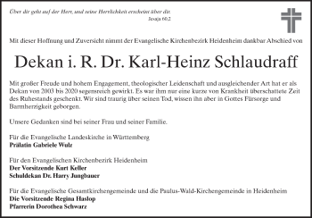 Traueranzeige von Karl-Heinz Schlaudraff von Heidenheimer Zeitung