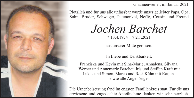  Traueranzeige für Jochen Barchet vom 20.01.2021 aus Heidenheimer Zeitung