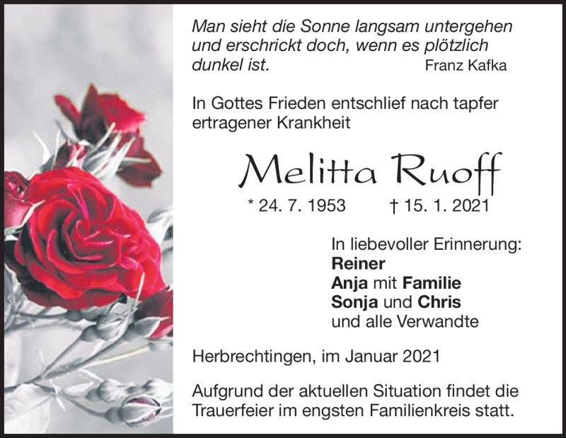  Traueranzeige für Melitta Ruoff vom 20.01.2021 aus Heidenheimer Zeitung