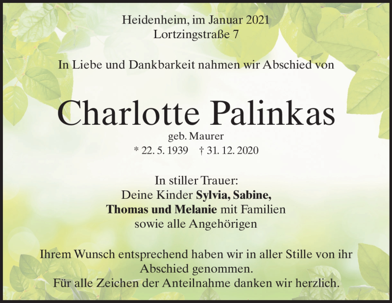  Traueranzeige für Charlotte Palinkas vom 12.01.2021 aus Heidenheimer Zeitung