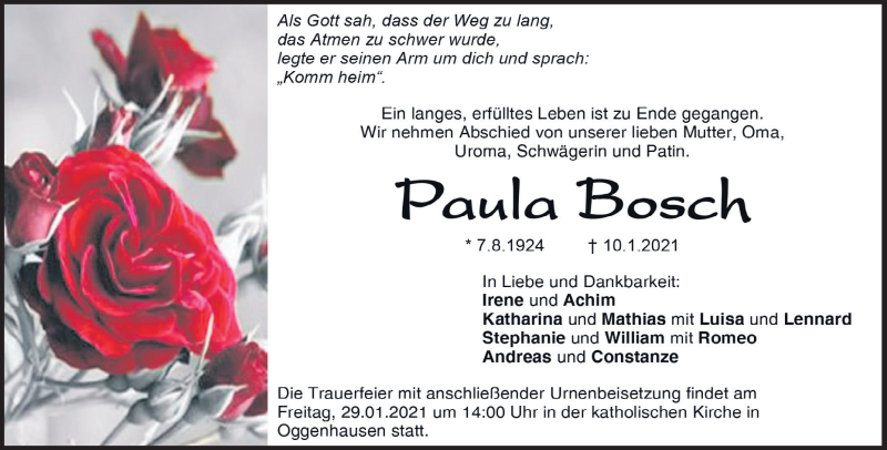  Traueranzeige für Paula Bosch vom 22.01.2021 aus Heidenheimer Zeitung