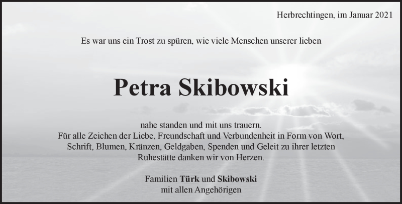  Traueranzeige für Petra Skibowski vom 16.01.2021 aus Heidenheimer Zeitung