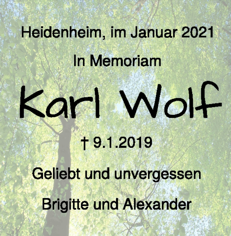  Traueranzeige für Karl Wolf vom 09.01.2021 aus Heidenheimer Zeitung