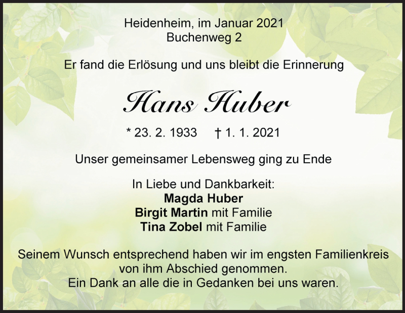  Traueranzeige für Hans Huber vom 14.01.2021 aus Heidenheimer Zeitung