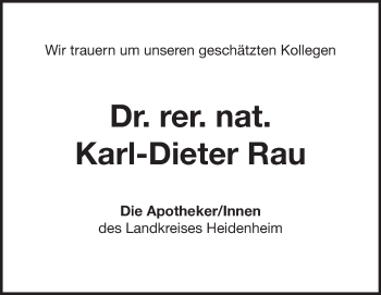 Traueranzeige von Karl-Dieter Rau von Heidenheimer Zeitung