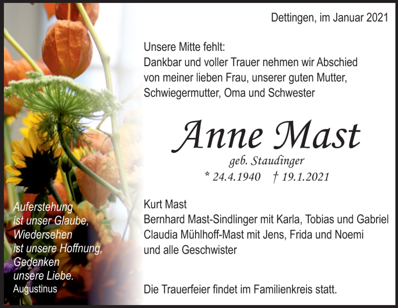  Traueranzeige für Anne Mast vom 21.01.2021 aus Heidenheimer Zeitung