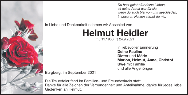  Traueranzeige für Helmut Heidler vom 09.10.2021 aus Heidenheimer Zeitung