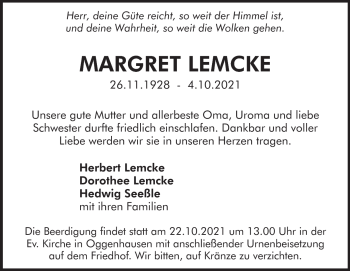 Traueranzeige von Margret Lemcke von Heidenheimer Zeitung