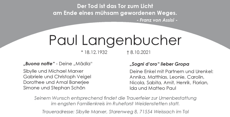  Traueranzeige für Paul Langenbucher vom 21.10.2021 aus Heidenheimer Zeitung