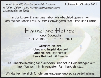 Traueranzeige von Hannelore Heinzel von Heidenheimer Zeitung