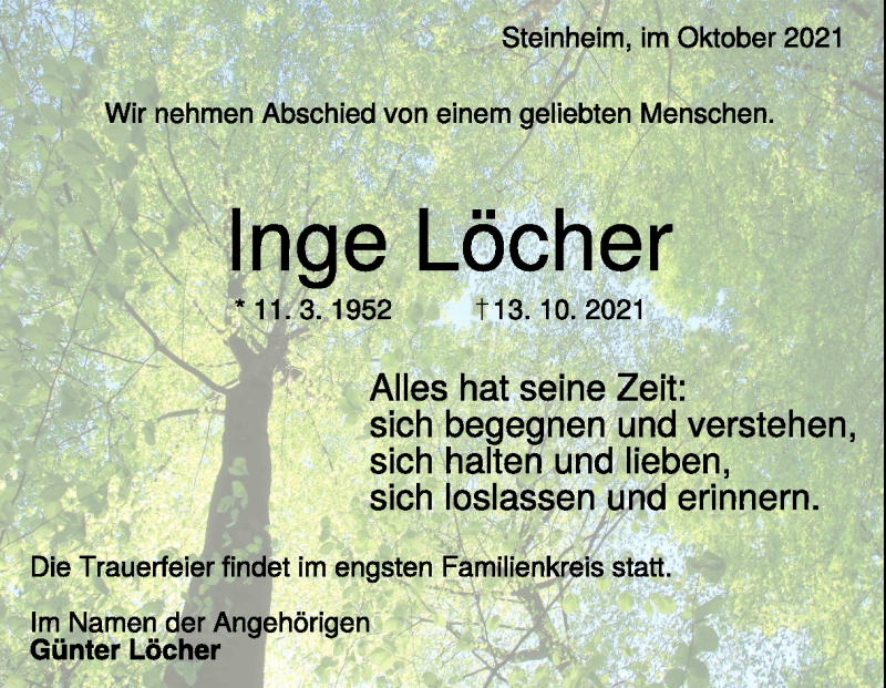  Traueranzeige für Inge Löcher vom 16.10.2021 aus Heidenheimer Zeitung