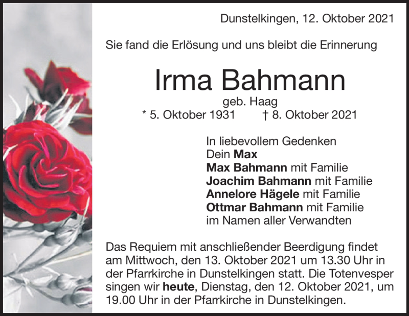  Traueranzeige für Irma Bahmann vom 12.10.2021 aus Heidenheimer Zeitung