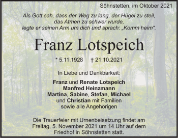 Traueranzeige von Franz Lotspeich von Heidenheimer Zeitung