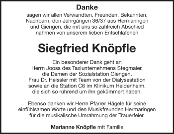 Traueranzeige von Siegfried Knöpfle von Heidenheimer Zeitung