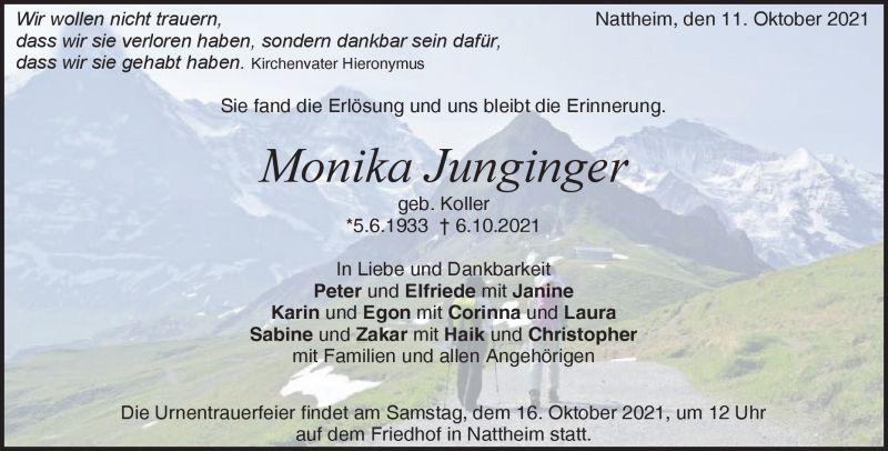  Traueranzeige für Monika Junginger vom 11.10.2021 aus Heidenheimer Zeitung