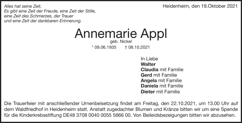  Traueranzeige für Annemarie Appl vom 19.10.2021 aus Heidenheimer Zeitung