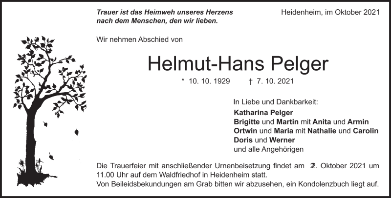  Traueranzeige für Helmut-Hans Pelger vom 13.10.2021 aus Heidenheimer Zeitung