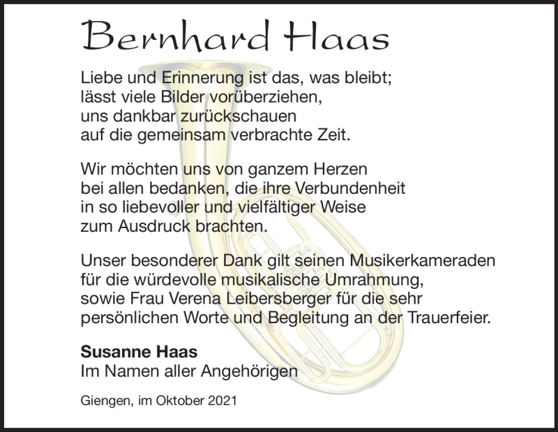  Traueranzeige für Bernhard Haas vom 09.10.2021 aus Heidenheimer Zeitung
