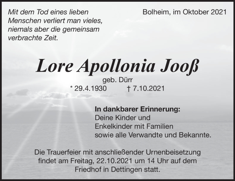  Traueranzeige für Lore Apollonia Jooß vom 16.10.2021 aus Heidenheimer Zeitung
