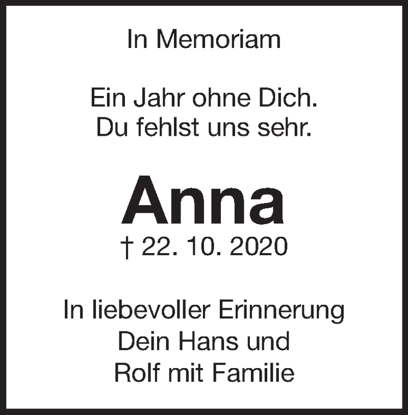  Traueranzeige für Anna Hess vom 22.10.2021 aus Heidenheimer Zeitung