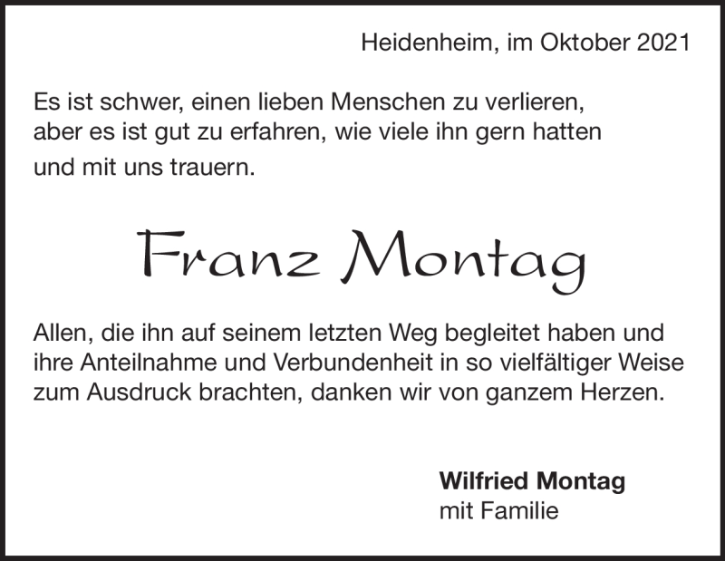  Traueranzeige für Franz Montag vom 02.10.2021 aus Heidenheimer Zeitung