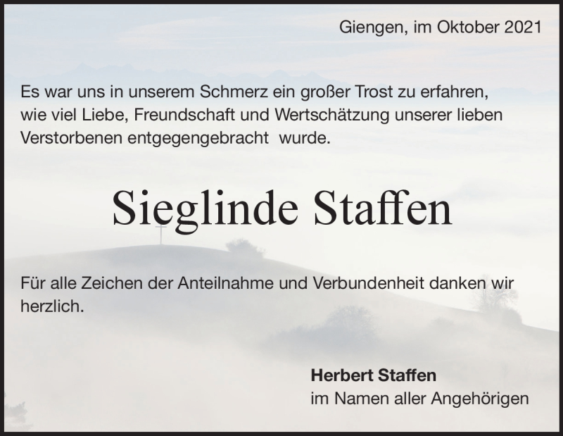  Traueranzeige für Sieglinde Staffen vom 29.10.2021 aus Heidenheimer Zeitung