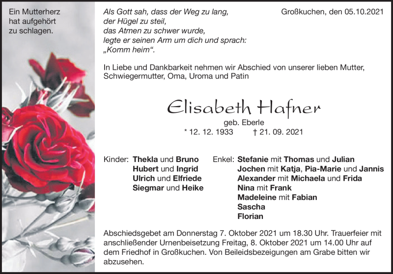  Traueranzeige für Elisabeth Hafner vom 05.10.2021 aus Heidenheimer Zeitung