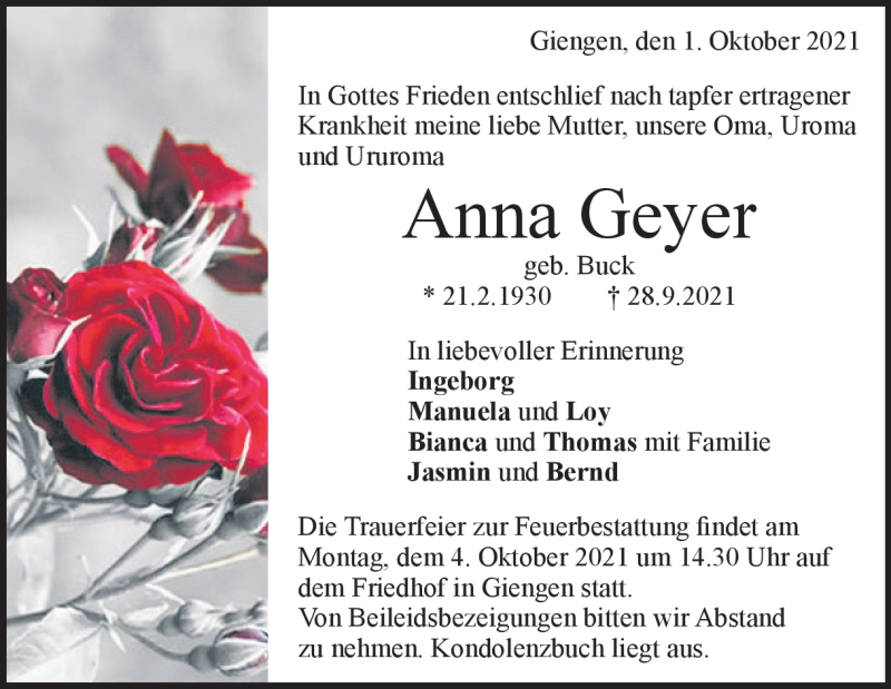  Traueranzeige für Anna Geyer vom 01.10.2021 aus Heidenheimer Zeitung