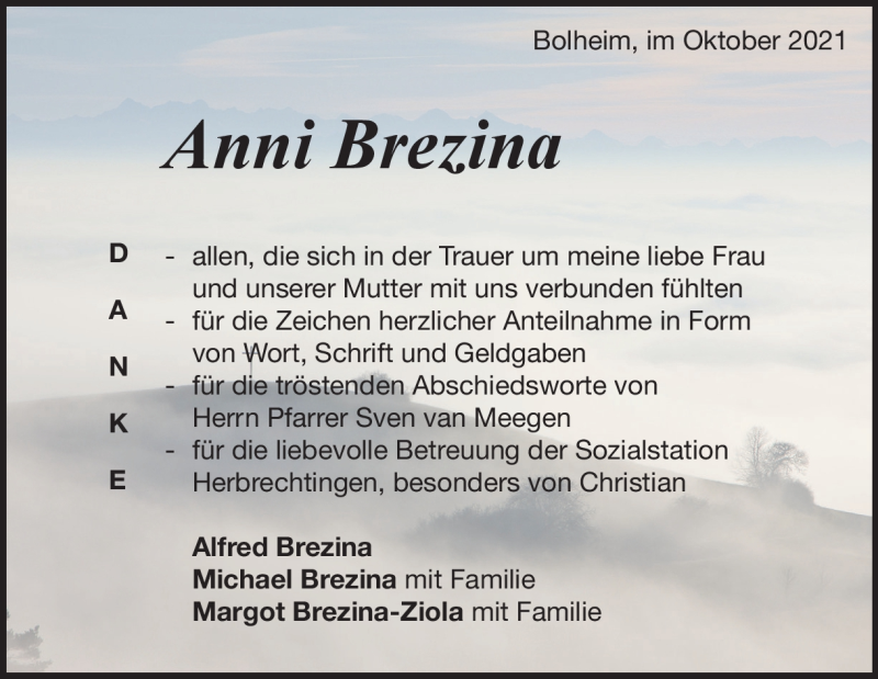  Traueranzeige für Anni Brezina vom 23.10.2021 aus Heidenheimer Zeitung
