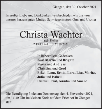 Anzeige Christa Wachter