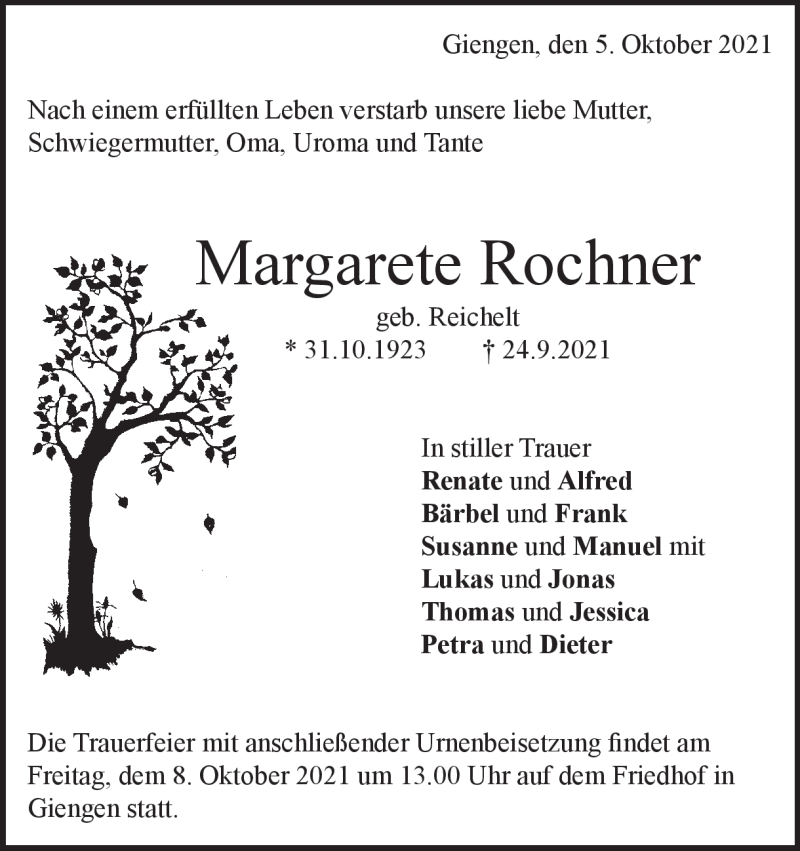  Traueranzeige für Margarete Rochner vom 05.10.2021 aus Heidenheimer Zeitung