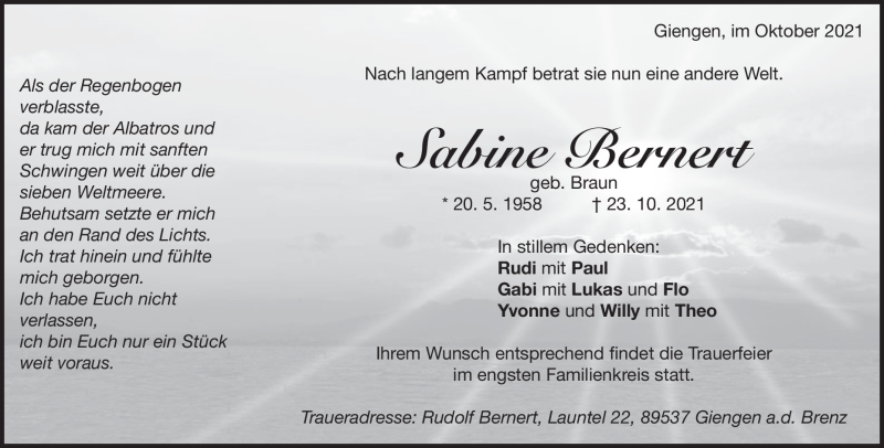  Traueranzeige für Sabine Bernert vom 30.10.2021 aus Heidenheimer Zeitung