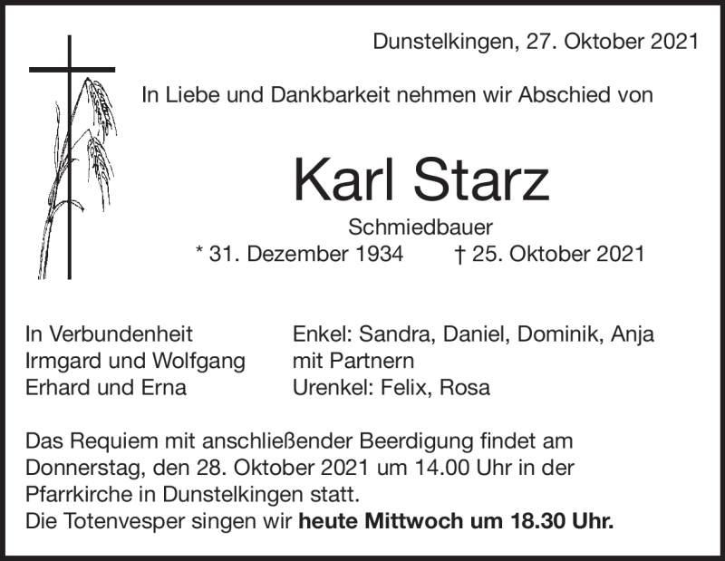  Traueranzeige für Karl Starz vom 27.10.2021 aus Heidenheimer Zeitung