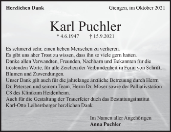 Traueranzeige von Karl Puchler von Heidenheimer Zeitung