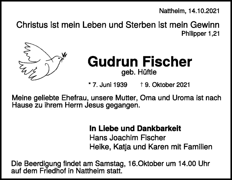  Traueranzeige für Gudrun Fischer vom 14.10.2021 aus Heidenheimer Zeitung