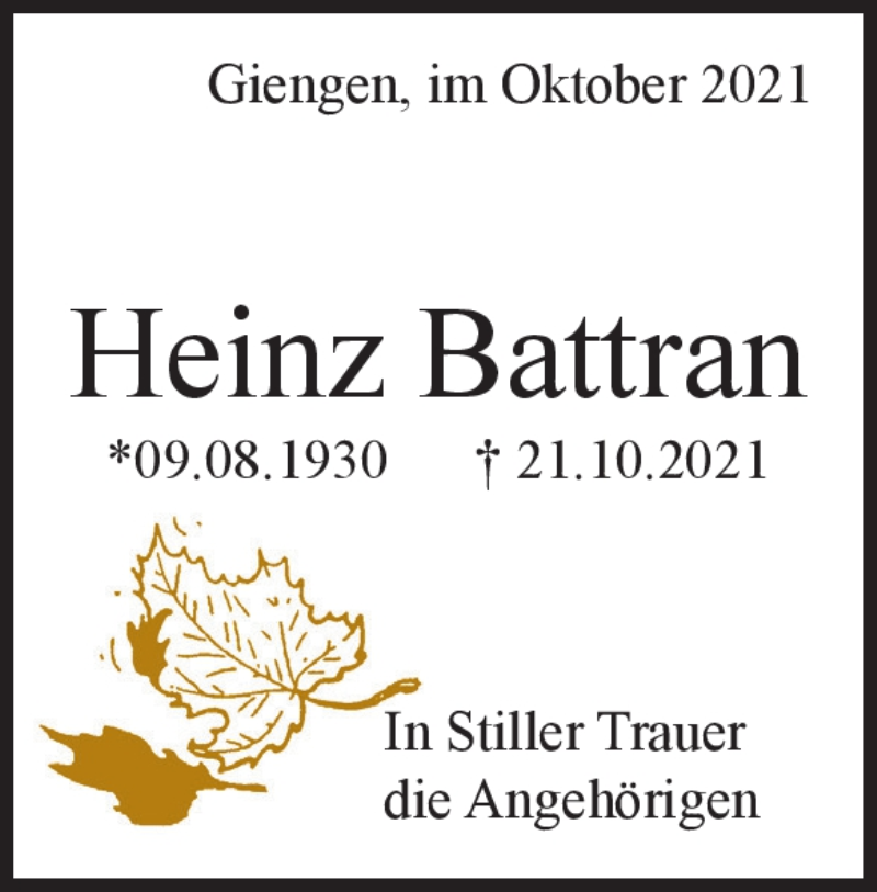  Traueranzeige für Heinz Battran vom 23.10.2021 aus Heidenheimer Zeitung