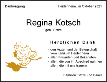 Traueranzeige von Regina Kotsch von Heidenheimer Zeitung