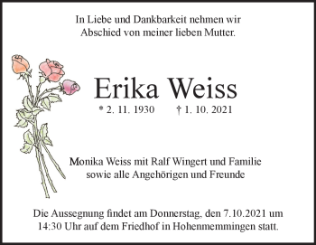 Traueranzeige von Erika Weiss von Heidenheimer Zeitung