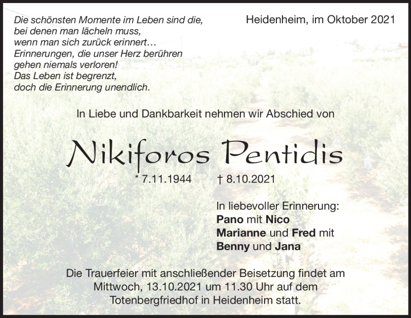  Traueranzeige für Nikiforos Pentidis vom 12.10.2021 aus Heidenheimer Zeitung