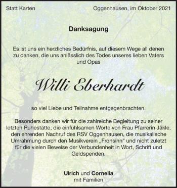 Traueranzeige von Willi Eberhardt von Heidenheimer Zeitung