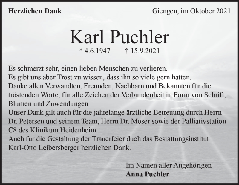 Traueranzeige für Karl Puchler vom 13.10.2021 aus Heidenheimer Zeitung