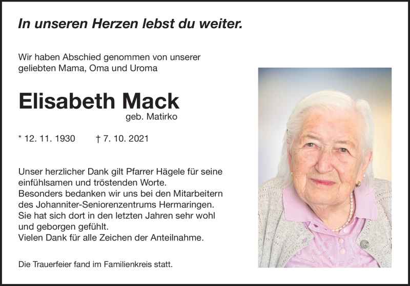  Traueranzeige für Elisabeth Mack vom 19.10.2021 aus Heidenheimer Zeitung