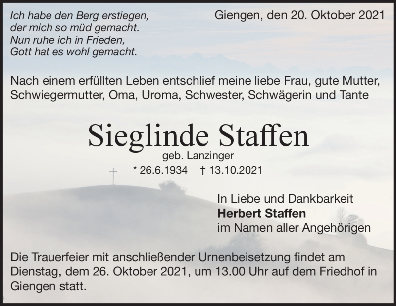  Traueranzeige für Sieglinde Staffen vom 20.10.2021 aus Heidenheimer Zeitung