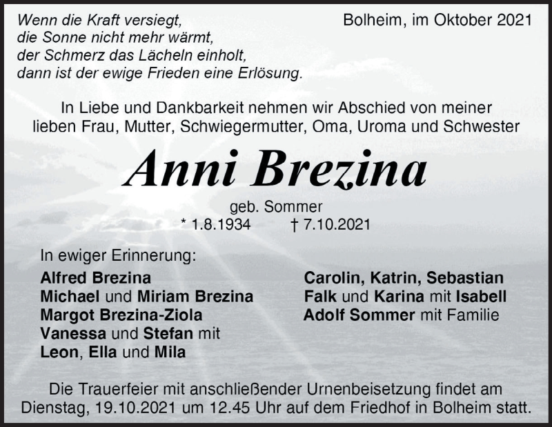  Traueranzeige für Anni Brezina vom 14.10.2021 aus Heidenheimer Zeitung