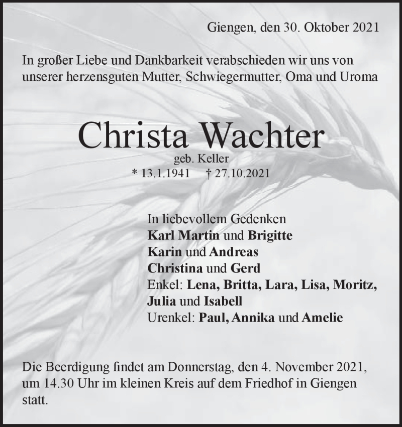  Traueranzeige für Christa Wachter vom 30.10.2021 aus Heidenheimer Zeitung
