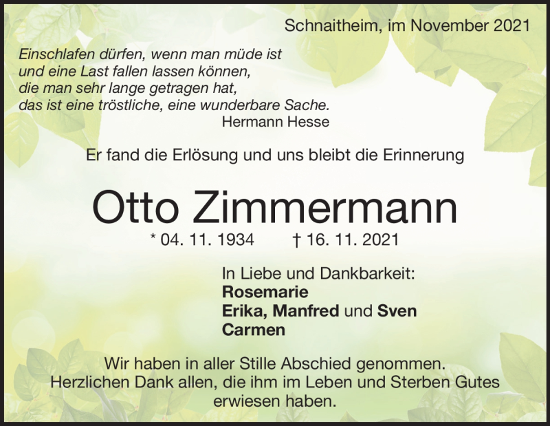  Traueranzeige für Otto Zimmermann vom 30.11.2021 aus Heidenheimer Zeitung