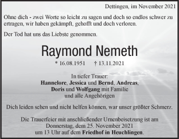 Traueranzeige von Raymond Nemeth von Heidenheimer Zeitung