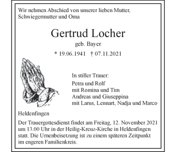 Traueranzeige von Gertrud Locher von Heidenheimer Zeitung